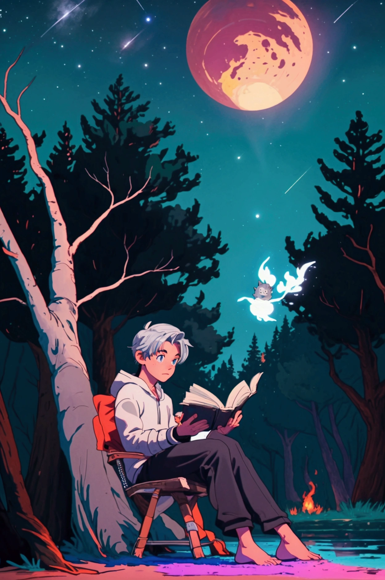 Create for me a boy camping on the edge of a lake lit by the silvery glow of the moon and shooting stars at night.. Near your camping tent, sitting on a piece of tree trunk in front of the fire, roasting machimlelo and reading a book., on the right side of the fire he has a black and white kitten as his companion 