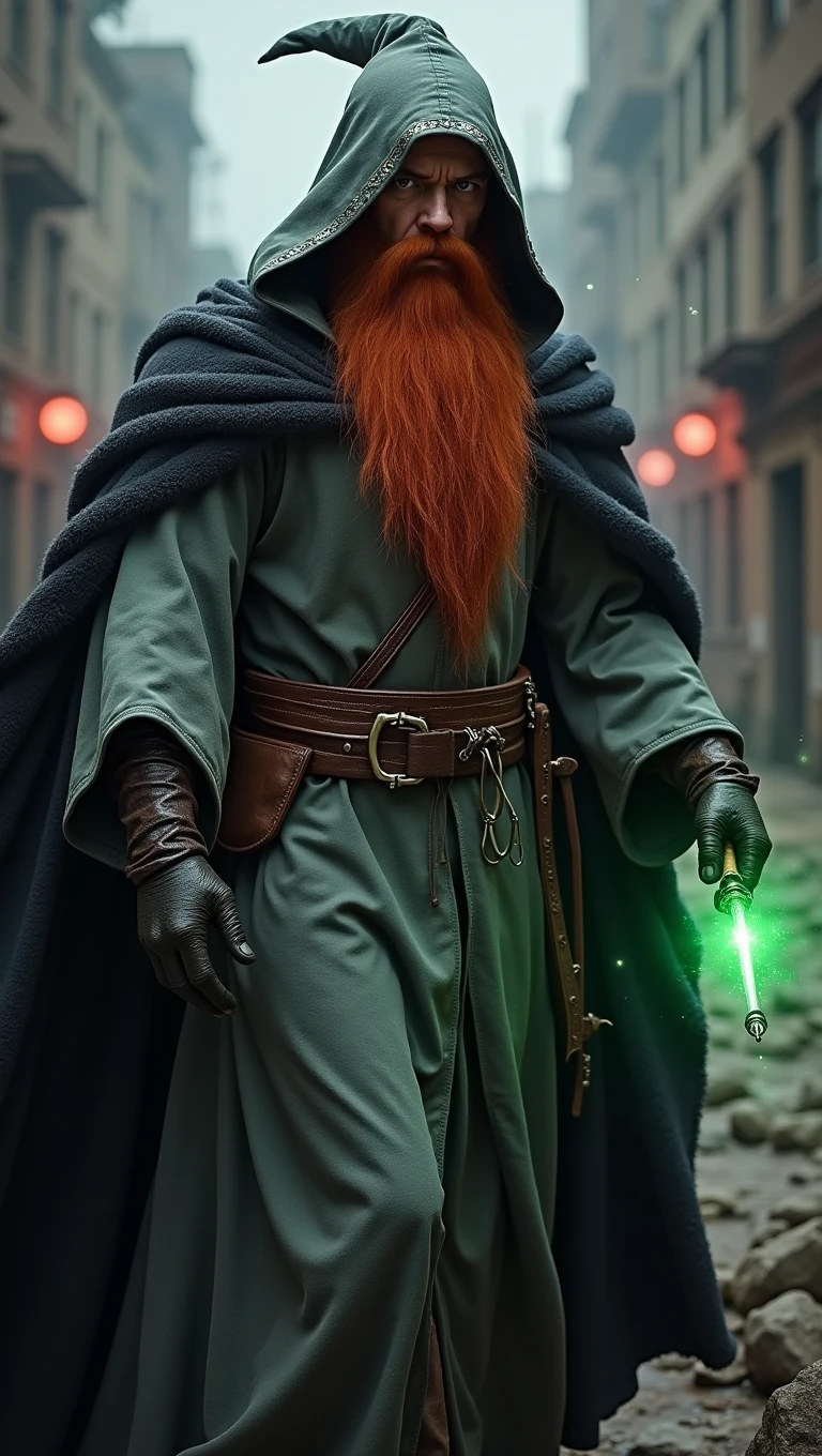 A red-haired wizard with a long beard, wearing a gray cloak with black and a pointed hood, he holds a wand in his hand as green magic comes out of it, behind him is a post apocalyptic city with a dark fog.