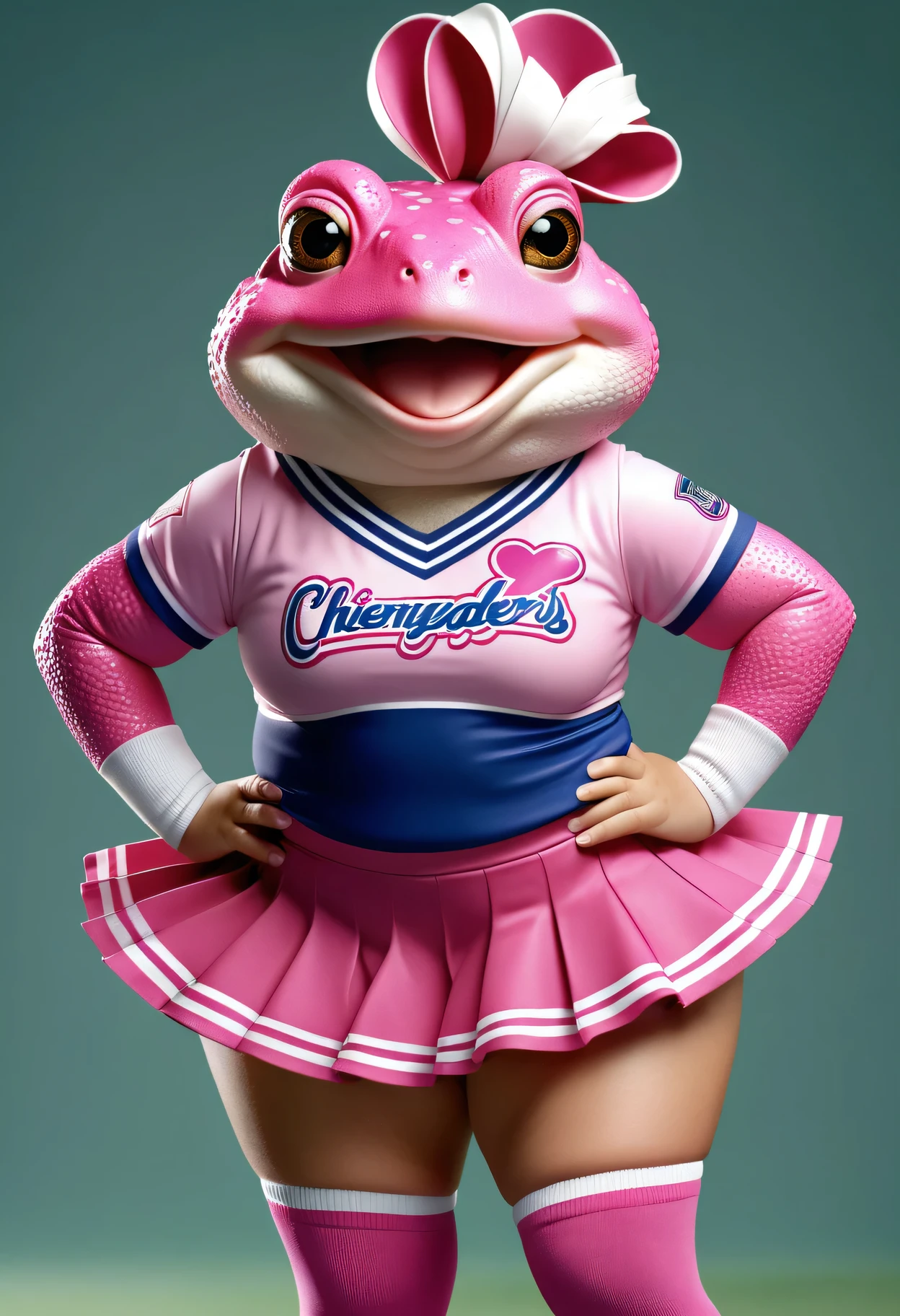 photorealistic portrait of Dressed animals - a ((fat)) cute pink (toad) cheerleader,(full body image from head to toe:2.0), (hands on hips:2.0),(standing), (happy smile:1.2),high quality,(lovely) , highly detailed cute  top with team logo ,intricate detailed  short pleated skirt, highly detailed ((cheerleader's costume)) ,(highly detailed sox and sneakers),(natural toad skin), (happy), natural lighting,, grass sports field background,