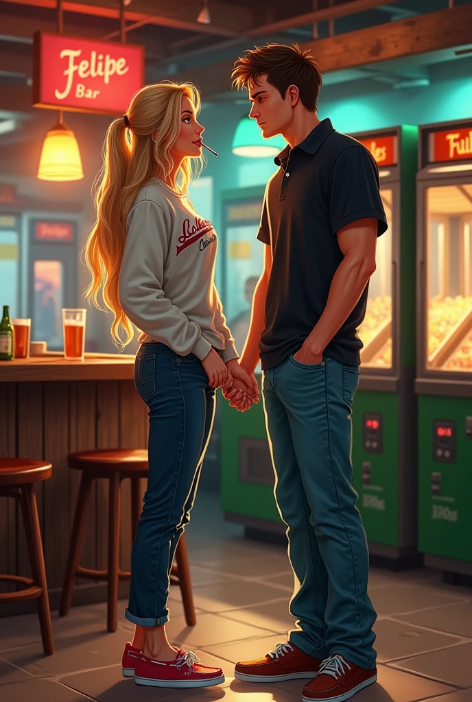 Tall girl with blonde hair wearing a Los Angeles California sweatshirt with a cigarette in her mouth and a beer in a jar holding hands with a white-skinned man wearing a polo shirt with blue pants and boat shoes in love in the background a bar with Pain Ball machines that says Felipe bar