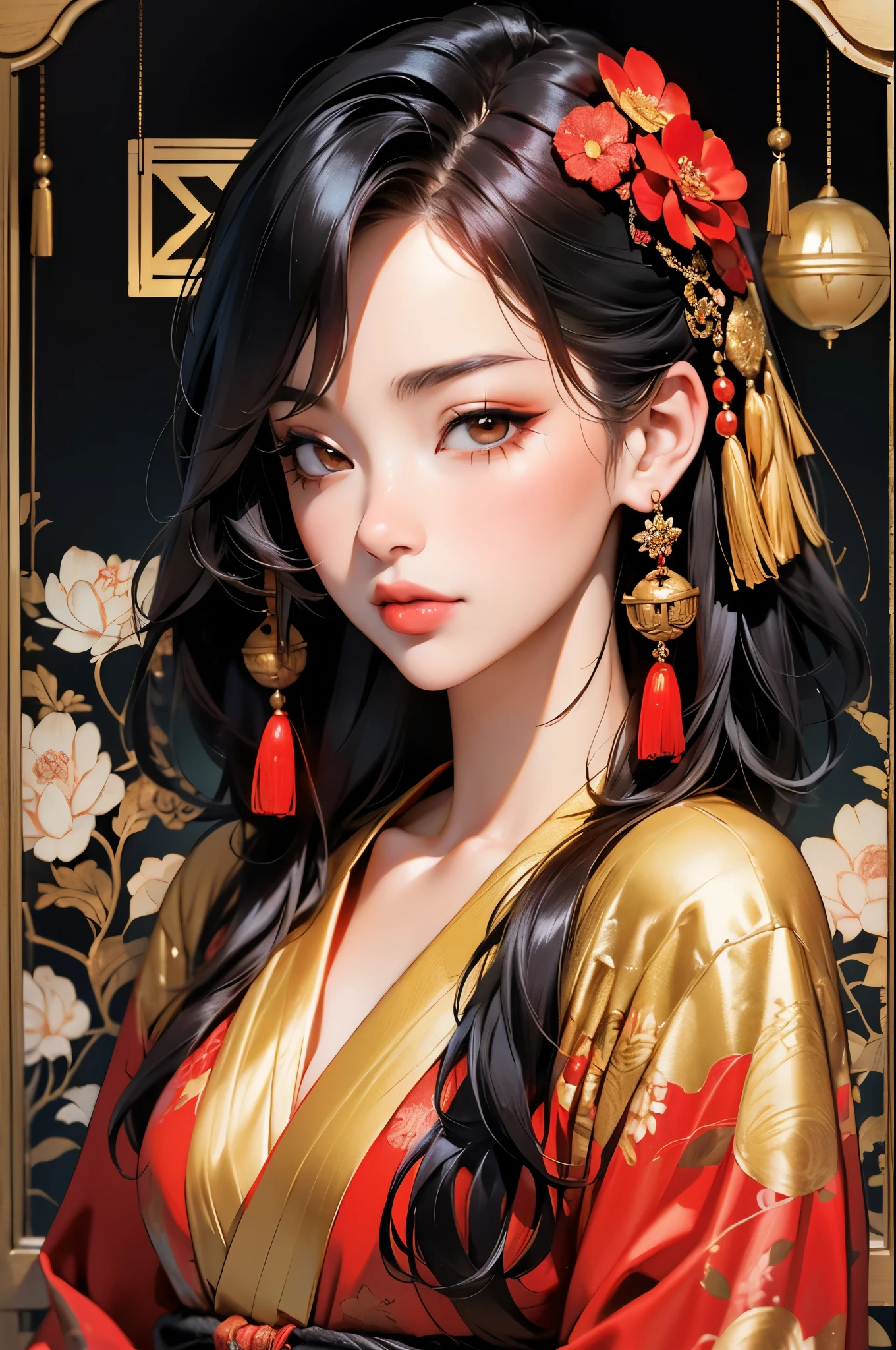 black widow in a golden red kimono dress with a gold halo, japanese goddess, chie yoshii, elegant japanese woman, portrait of a beautiful geisha, intricate geisha kimono, japanese art style