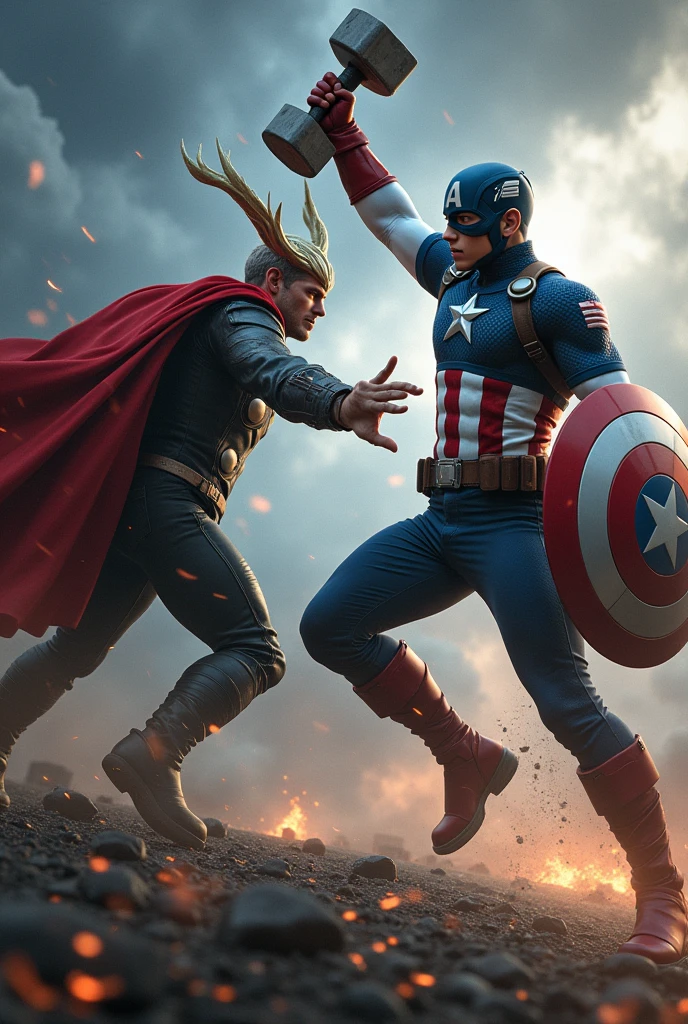 Young black Captain America with Thor&#39;s hammer defeated by Loki

