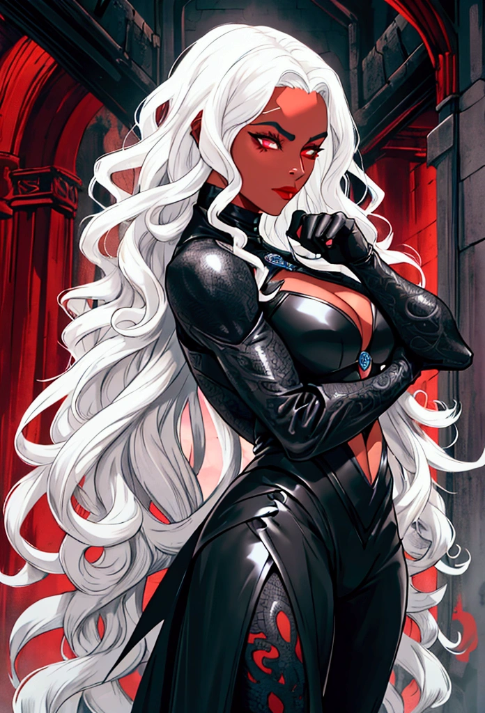 Hole body, black clothing, Futuristic drag queen clothing ideas, futuristic goth, black clothing, tan lattin skin, ultra detailed, long curly white hair, sculpture hair, medieval, targaryen, dragon's cave, pose, blak and red