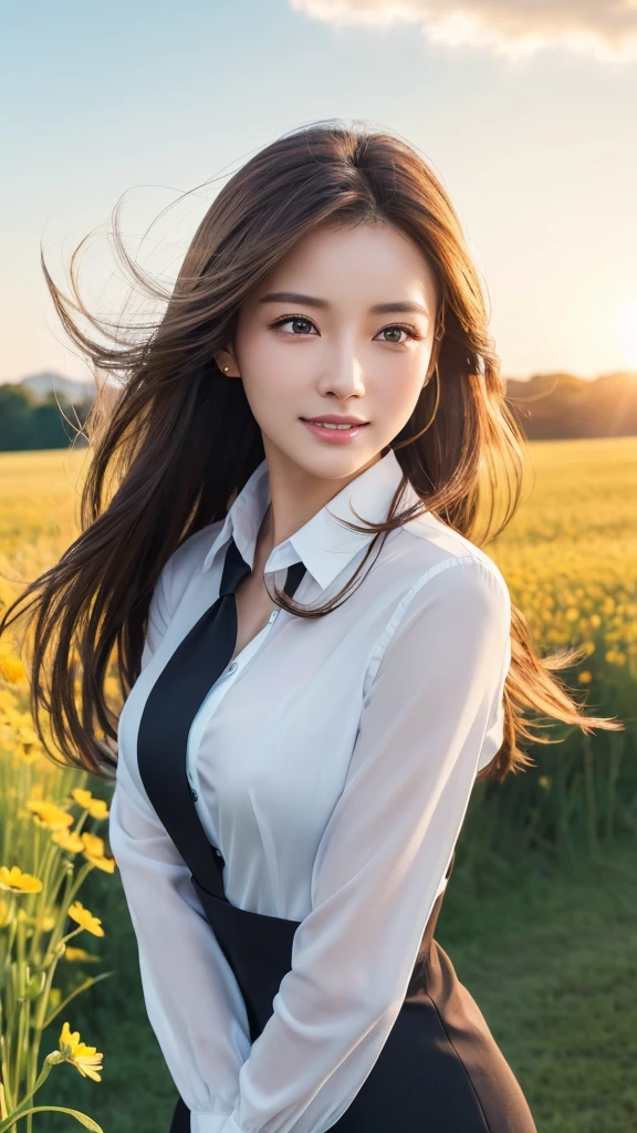 highest quality、genuine、Super detailed、finely、High resolution、8k wallpaper、one beautiful woman、、、light brown disheveled hair、wearing a business suit、sharp focus、perfect dynamic composition、beautiful and detailed eyes、thin hair、Detailed genuine skin texture、smile、model body shape、In a windswept meadow