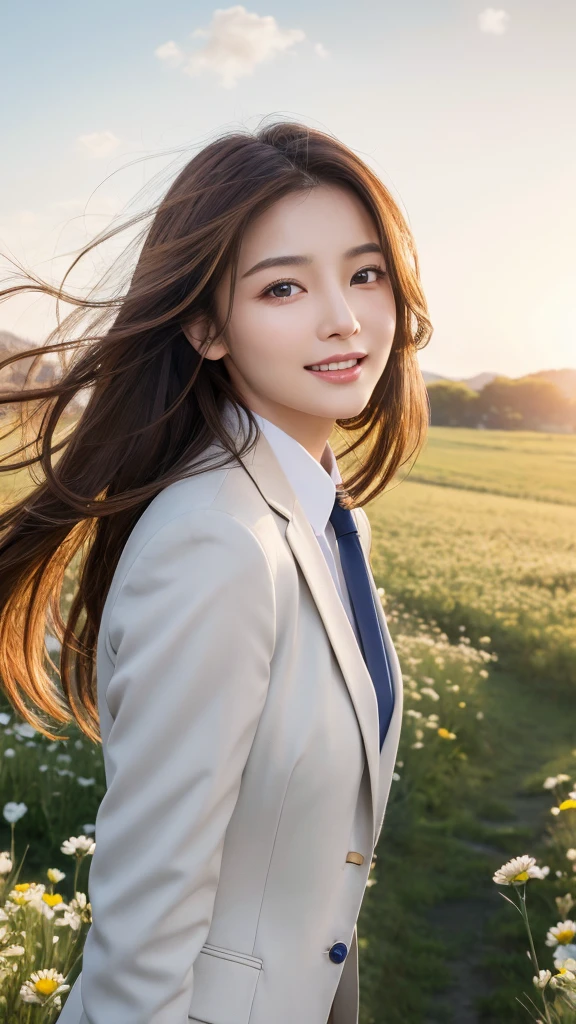 highest quality、genuine、Super detailed、finely、High resolution、8k wallpaper、one beautiful woman、、、light brown disheveled hair、wearing a business suit、sharp focus、perfect dynamic composition、beautiful and detailed eyes、thin hair、Detailed genuine skin texture、smile、model body shape、In a windswept meadow