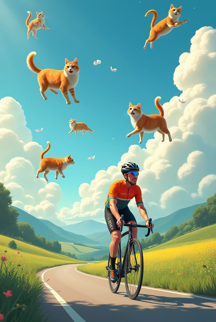 Make a cyclist on a bike with cats in the sky