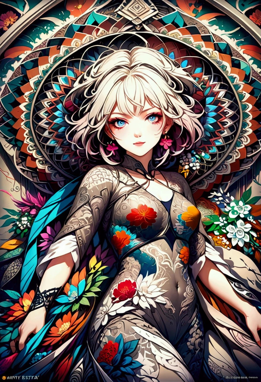 Realistic,High resolution, Highest quality,Official Art, colorful, Very detailed, Official Art, unity 8k wallpaper, Very detailed, beautiful and aesthetic, beautiful, masterpiece, Highest quality, (zenTangle, Mandala, Tangle, enTangle), (Flower Ecstasy:1.2) Dynamic Angle, Cowboy Shot, the most beautiful form of chaos, elegant, Brutalist Design, Vibrant colors, Romanticism, Atmospheric Information,From the side,mystery,sword