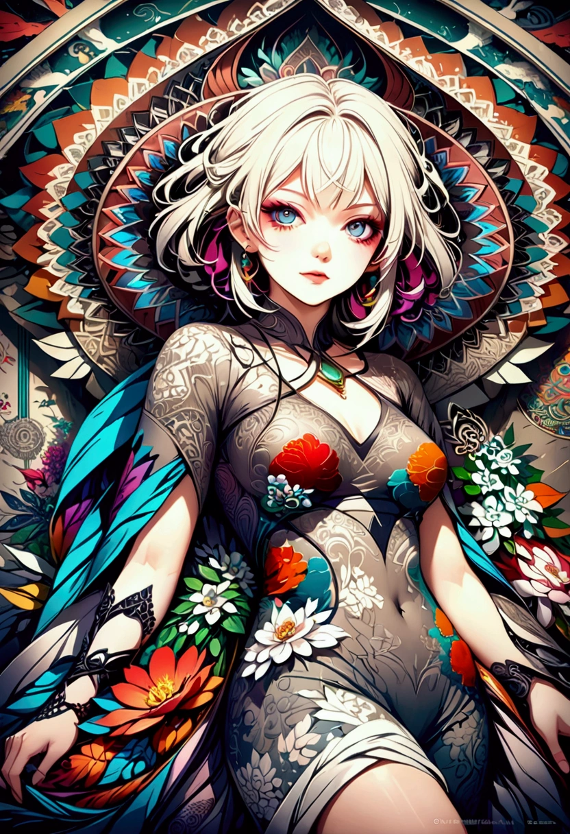 Realistic,High resolution, Highest quality,Official Art, colorful, Very detailed, Official Art, unity 8k wallpaper, Very detailed, beautiful and aesthetic, beautiful, masterpiece, Highest quality, (zenTangle, Mandala, Tangle, enTangle), (Flower Ecstasy:1.2) Dynamic Angle, Cowboy Shot, the most beautiful form of chaos, elegant, Brutalist Design, Vibrant colors, Romanticism, Atmospheric Information,From the side,mystery,sword