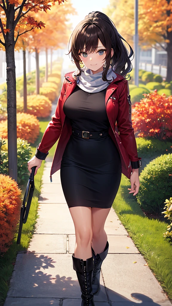 masterpiece, best quality, high detail, 1girl, beautiful woman, wavy hair, dark brown hair, low ponytail, messy hair, hair ornament, large bust, red jacket, black midi pencil skirt, long black skirt:1.2, boots, white scarf, bracelet, autumn, trees, leaves on ground, park, garden, stone, sidewalk, upper body, looking at viewer, light smile, atmospheric, moody