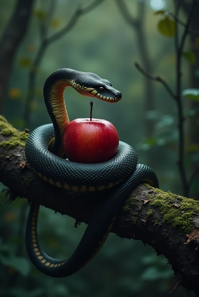 big snake around a red apple on a tree branch in a dark forest