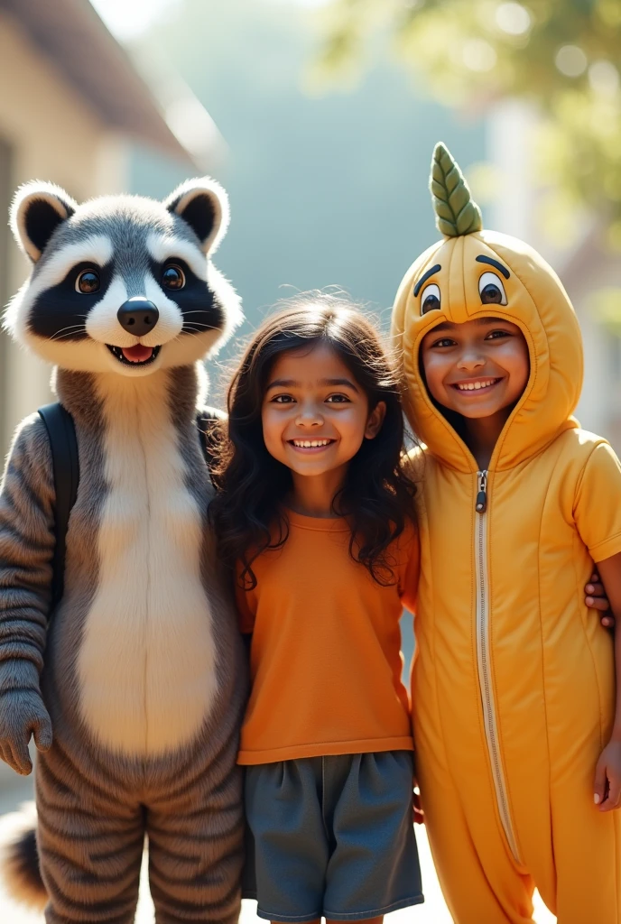 An Indian student smiling happily between a person wearing a raccoon costume and a person wearing a peanut costume