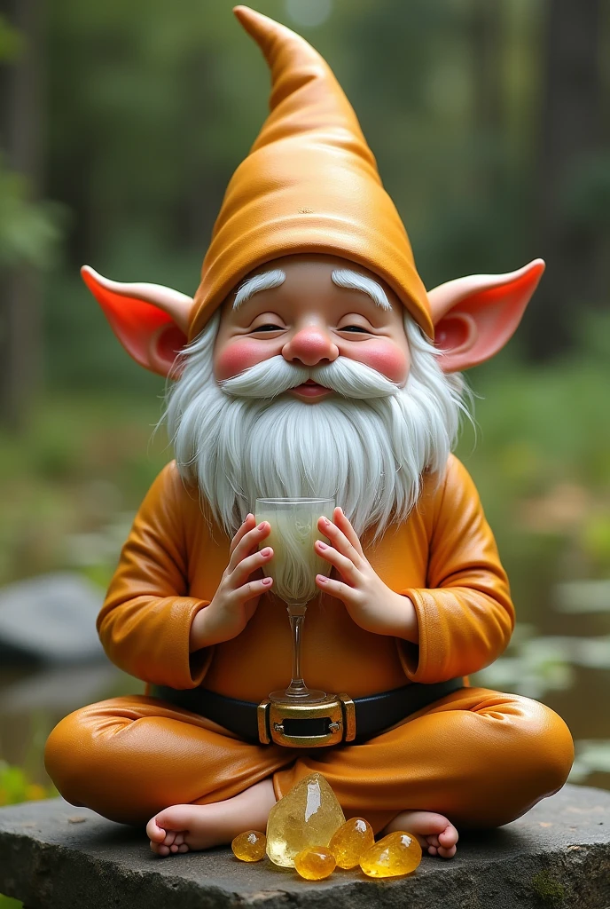 gnome doing yoga with citrine crystals and glass of lemonade