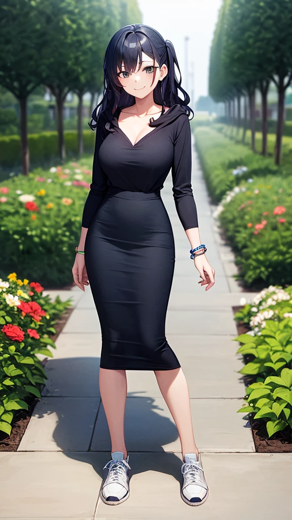 masterpiece, best quality, 1girl, beautiful woman with wavy hair, dark blue hair, large bust, black hoodie, light gray maxi pencil skirt, long gray skirt:1.2, gray business pencil skirt, sneakers, bracelet, summer, garden, backyard, looking at viewer, full body, confident smile,