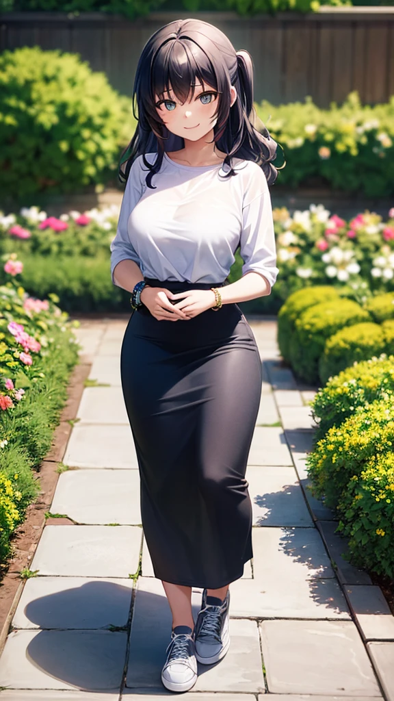 masterpiece, best quality, 1girl, beautiful woman with wavy hair, dark blue hair, large bust, black hoodie, light gray maxi pencil skirt, long gray skirt:1.2, gray business pencil skirt, sneakers, bracelet, summer, garden, backyard, looking at viewer, full body, confident smile,