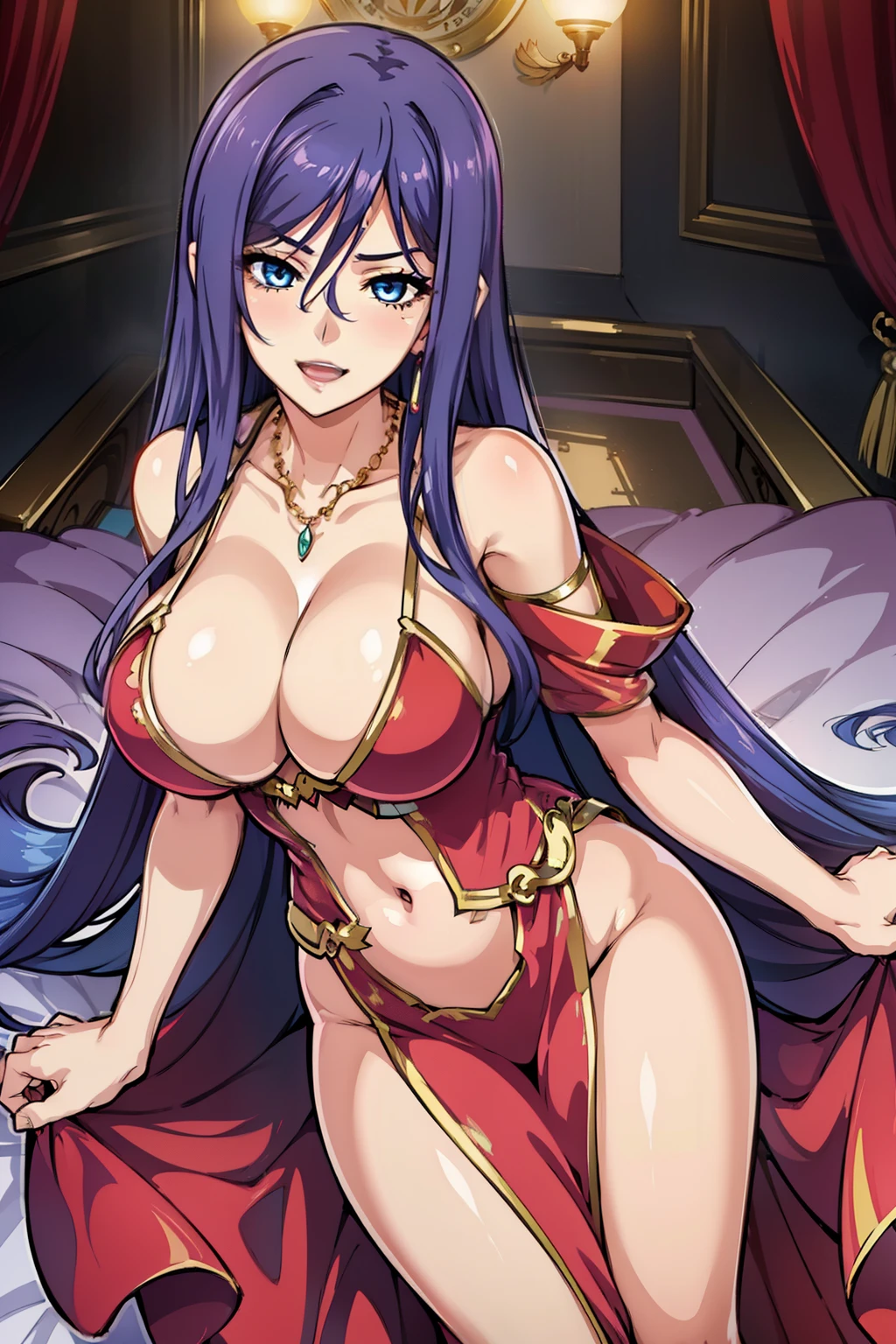 jewelry,gem, necklace,
blue eyes, purple hair,long hair,Bangs,
long hair, lipstick, smile, Hot girl, baddie, staring, glaring, bad attitude, mean girl, dare, angry, hate, crazy, smoking, sensual, attractive, masterpiece, best quality, highly detailed, a anime girls in long dress with navel cutout posing for a
picture, evil smile, smile, open mouth, , revealing dress, beautiful dress center
opening , long dress with bellybutton showing, ecchi anime style, anime girls, ecchi style, ecchi, digital
anime art!!, in anime style, official artwork, visual novel cg, beautiful anime girl, anime style 4 k, exposed
navel, exposed bellybutton, jewelry, earrings, complex detailed background, casino environment, fancy
interior environment, rich interior,