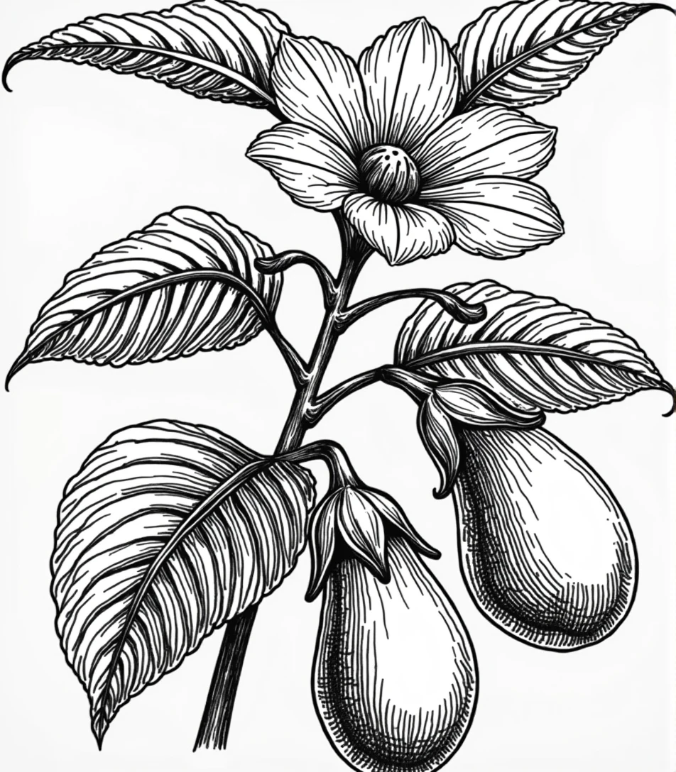 detailed, black and white botanical illustration of an eggplant plant. The image should prominently feature the plant's large leaves, a clearly defined flower, and two eggplants. The style should resemble a vintage botanical drawing with light line work and minimal black shading, focusing on capturing the delicate details of the flower and the natural elements without heavy shadows