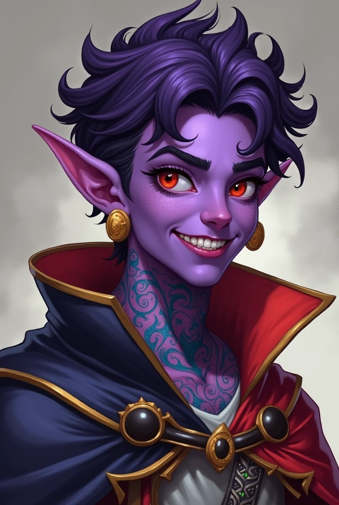 Beautiful Dnd tiefling with purple skin. He has short, curly, dark purple hair. His eyes are red and he has a smile on his face. He is wearing a colorful cape and has golden earrings. His neck is covered in blue and green tattoos. 