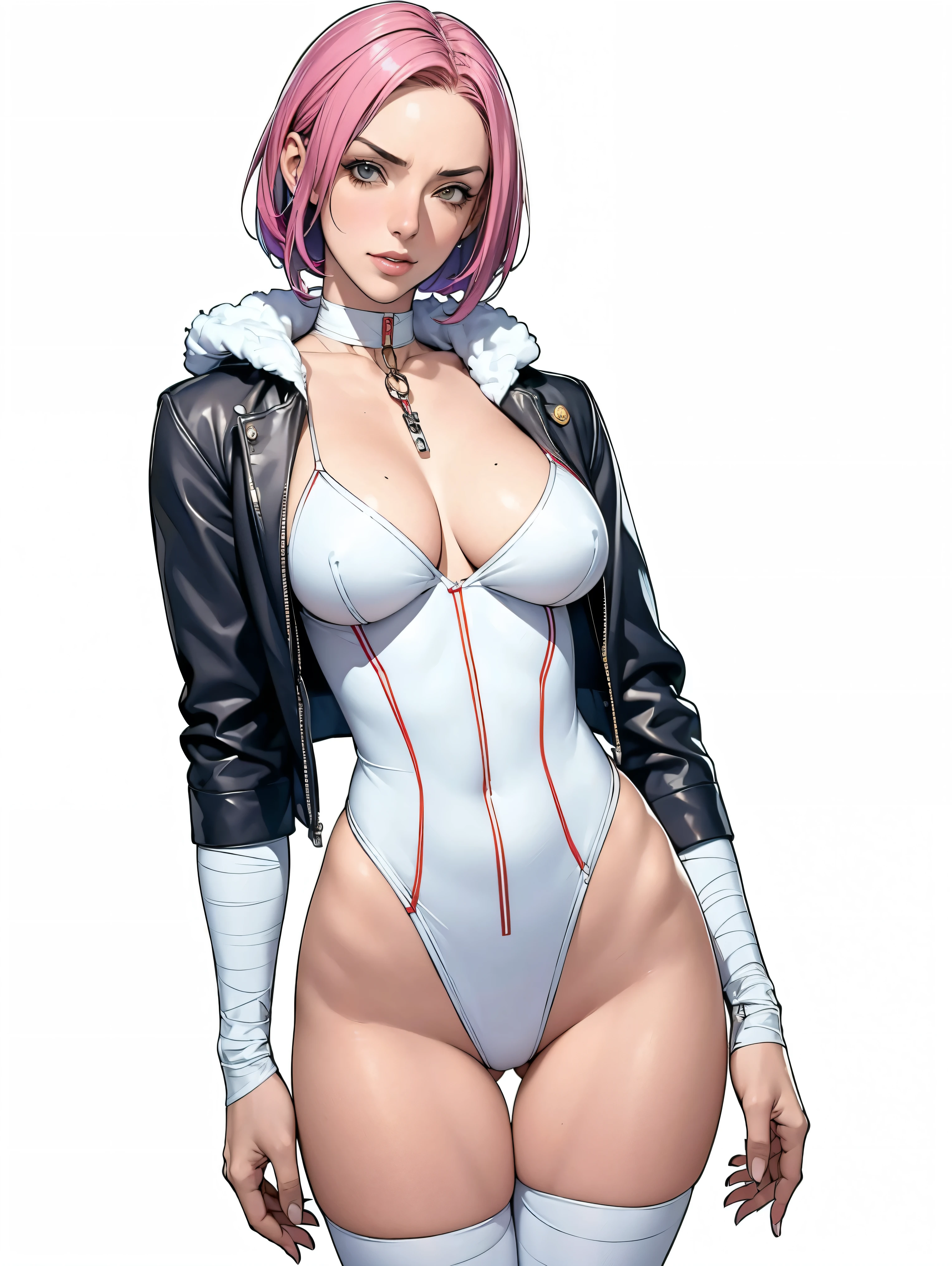 (((Annie Lennox))), (((colorful suit))), (scars), (((bandaged arms))), (((colorful clothes))) (( hood)), (((best quality: 1.4))), (Unbeatable masterpiece), (hyper HD),(CG 8k hyper-realistic), beautiful face, (((breasts big))), (((hyper feminine))), sexly girl, ((round face)), black tattoo,(ultra short red hair with white highlights)), ((( sculptural body ))), (((1 Kizi))), Kizi tatuada de 25 anos com perfect body,,Beautiful and well-groomed face, (round face), muscular body:1.2,solid color detailed jacket, (Head to thigh photos), Complex equipment, ,Tight clothes,With white stars and off-white stripes,,,,,Armor Metal Electronic Parts, Poison tattoos ) INFO, Kizi, (((standing alone))), , 24歳, sexy, pose de attitude, work of art, dancing, ((slight smile)), post-apocalypse, (((manga style))), bounty hunter, the way you want, perfect body, roupa moderna, advanced technology, white, yellow accent, black, red accent, fur collar jacket, sleeves with vertical striped pattern, background city, (( cowboy shot )). intricate visual, narrow waist, (((wide hips))), wide hips, fit thighs, (((thigh gap))), Thigh gap, background shows a futuristic airplane, open expression, expression happy