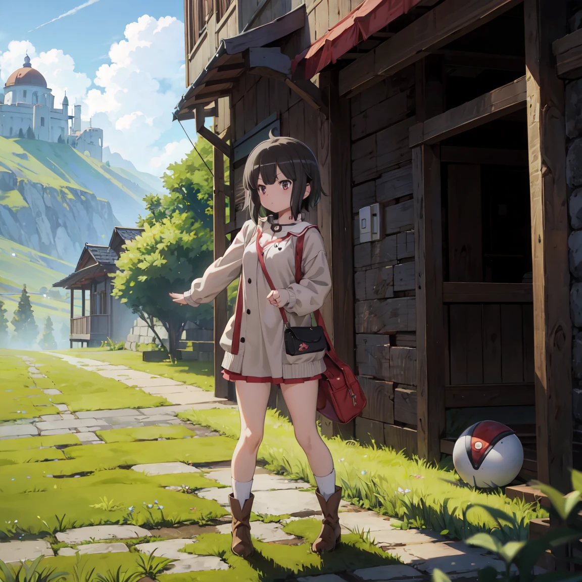 masterpiece, best quality, highres, megumin1, 1girl, megumin\(konosuba\), poke ball\(basic\), black hair, solo, holding poke ball, backpack, red eyes, tam o' shanter, gray cardigan, pink dress, short hair, straight hair, green socks, socks, brown bag, long sleeves, collar dress, field, grass, full body, boots,
