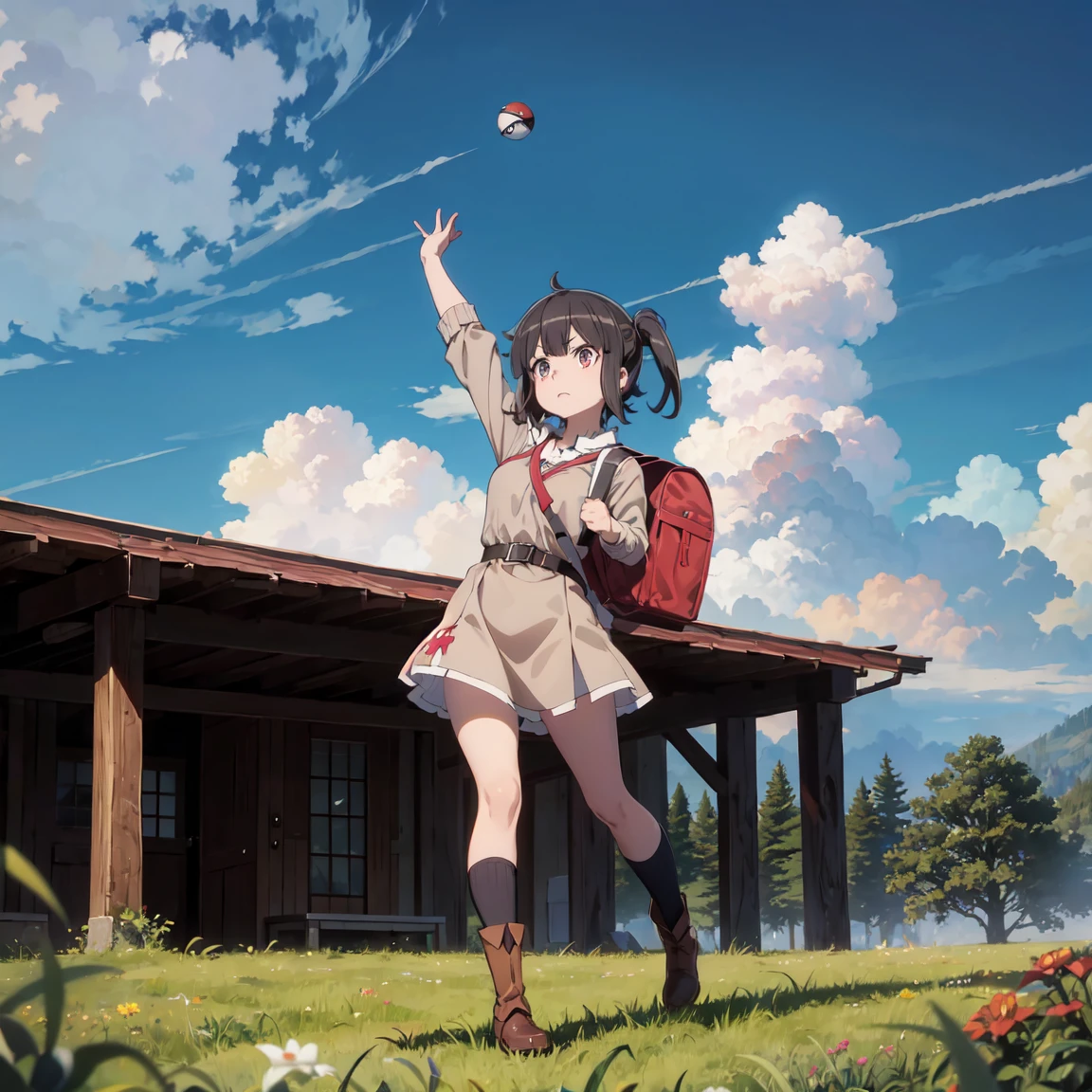 masterpiece, best quality, highres, megumin1, 1girl, megumin\(konosuba\), poke ball\(basic\), black hair, solo, holding poke ball, backpack, red eyes, tam o' shanter, gray cardigan, pink dress, short hair, straight hair, green socks, socks, brown bag, long sleeves, collar dress, field, grass, full body, boots,
