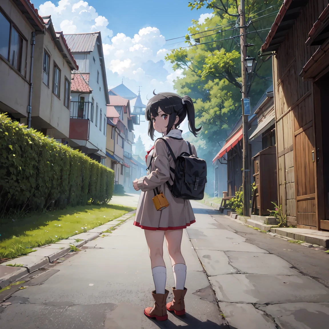 masterpiece, best quality, highres, megumin1, 1girl, megumin\(konosuba\), poke ball\(basic\), black hair, solo, holding poke ball, backpack, red eyes, tam o' shanter, gray cardigan, pink dress, short hair, straight hair, green socks, socks, brown bag, long sleeves, collar dress, field, grass, full body, boots,
