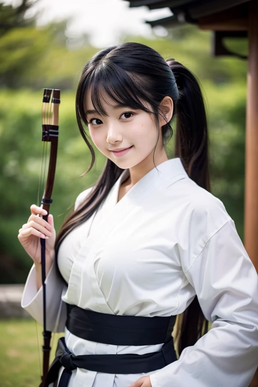 女のChild1人,beautiful, 18-year-old,Masterpiece, Highest quality, Matsushima Na々Child,solo, High resolution, smile, Black Hair, Gaze, Long Hair, Super big breasts,The best goddess in Japan,slender,Kubire in the lower back,School,Archery dojo,Kyudo costume,ponytail