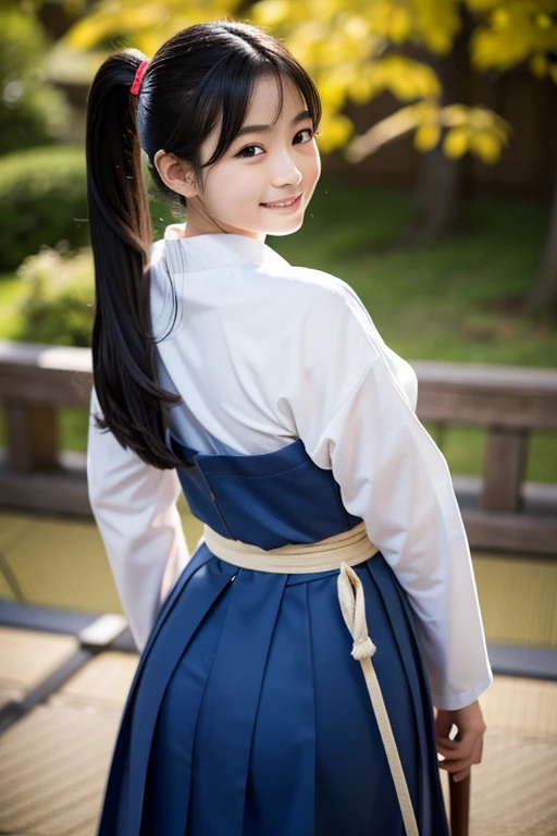 女のChild1人,beautiful, 18-year-old,Masterpiece, Highest quality, Matsushima Na々Child,solo, High resolution, smile, Black Hair, Gaze, Long Hair, Super big breasts,The best goddess in Japan,slender,Kubire in the lower back,School,Archery dojo,Kyudo costume,ponytail
