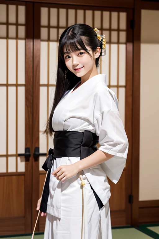 女のChild1人,beautiful, 18-year-old,Masterpiece, Highest quality, Matsushima Na々Child,solo, High resolution, smile, Black Hair, Gaze, Long Hair, Super big breasts,The best goddess in Japan,slender,Kubire in the lower back,School,Archery dojo,Kyudo costume,ponytail