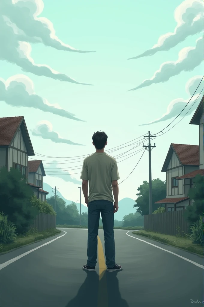 Person with back standing on the road in front of the sky and houses around