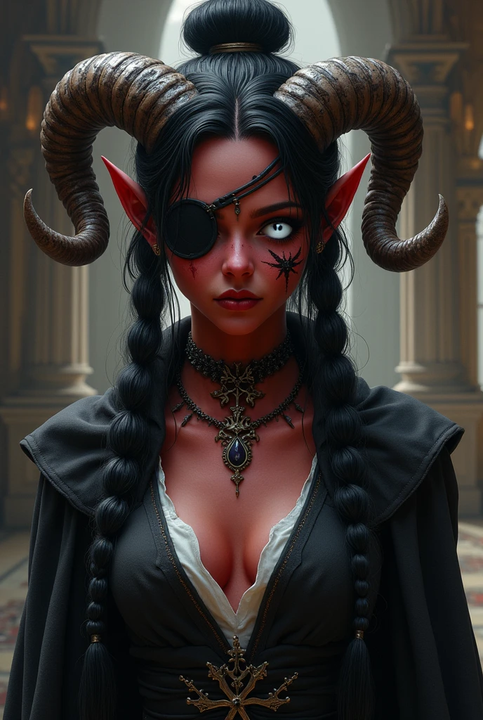 ((Mediovale)), uma mulher Tiefling, reddish skin, ram horns, completely white eyes, eye patch on the left side, scar under the eye patch, scar on the lips on the right side, Bblack hair, hair tied in a bun, scraping both sides, a braid on each side of the bangs.