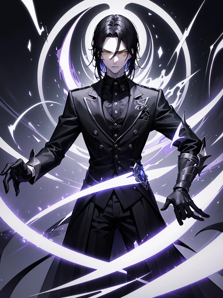 a serious and menacing 20-year-old man with pale skin, long, straight black hair reaching his shoulders, bright yellow eyes, wearing a white dress shirt and a detailed black vest, he wears gloves, the background of the image has a purple glow.