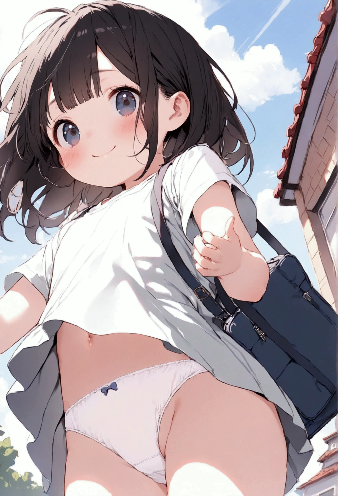 (8k),(masterpiece),(Japanese),(),((Innocent look)),((Childish)),from the front,smile,cute,Innocent,Kind eyes,Plain T-shirt,Short sleeve,Red checked short skirt,(carrying a red school bag),Straight hair,Hair blowing in the wind,Black Hair,Somewhat strong wind,noon, ((Skirt flipped up)), ((White panties)), Take a full-body photo, Spread your legs, Residential Street, View from below、