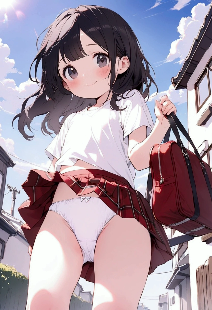 (8k),(masterpiece),(Japanese),(),((Innocent look)),((Childish)),from the front,smile,cute,Innocent,Kind eyes,Plain T-shirt,Short sleeve,Red checked short skirt,(carrying a red school bag),Straight hair,Hair blowing in the wind,Black Hair,Somewhat strong wind,noon, ((Skirt flipped up)), ((White panties)), Take a full-body photo, Spread your legs, Residential Street, View from below、
