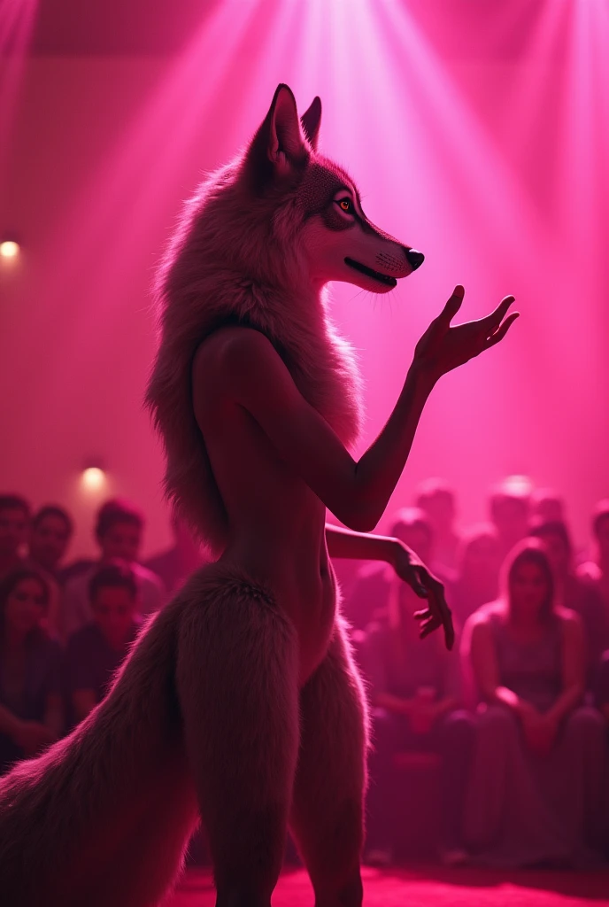 A sensual looking female wolf speaking in public, the image in pink