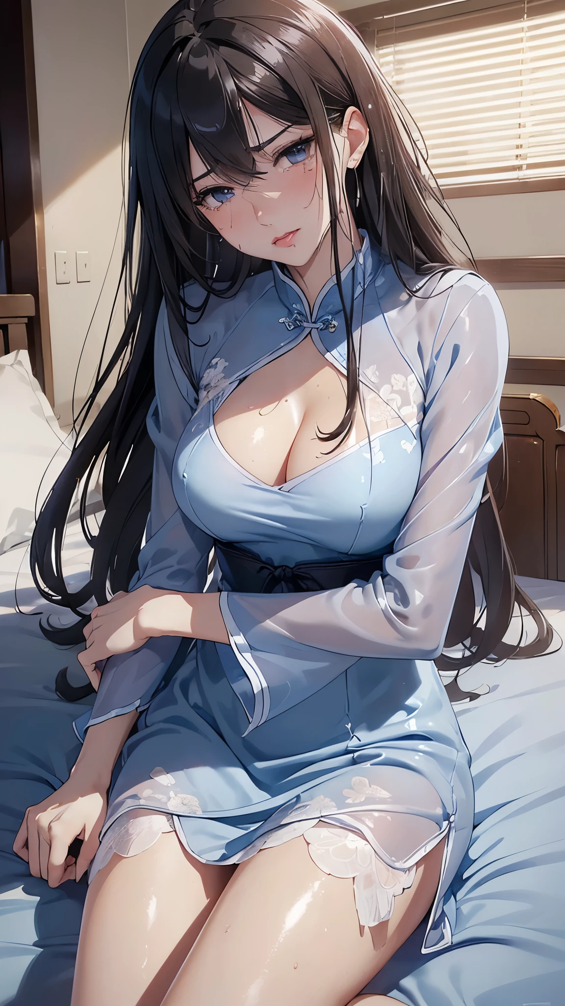 (masterpiece: 1.3), (Maximum resolution: 1.2), (Ultra HD TV: 1.2), Cinematic Light, 8k resolution, Detailed facial features , (Sharp focus: 1.2), (Focus on the face:1.2),Perfect Style, Beautiful Face, Acura, Anatomically correct, Highly detailed face and skin texture, Beautiful Eyes,Beautiful Eyes, Thin eyebrows, Natural Cheeks, Glowing Skin, Fair skin: 1.2, (Glossy Lips: 1.4),、 (Embarrassed look: 1.2),Highly detailed face and skin texture, Natural Cheeks, , Glossy Lips: 1.4,Perfect Style、Cleavage、Soft Breasts、(Semen on chest:1.6)(Cum on thighs 1.5)、 Sperm on tongue、Drenched in sweat、Wet clothes、blush、A humiliating look、Anxious expression、Frightened expression、Embarrassed look、Glare、anger、sorrow、tears、Open your knees、Spread your legs、 White underwear、Disheveled clothes、sweating、Thin underwear、28 years old、 clear, A clean-cut woman,1 person、 Upward-facing chest, Black brown hair、Blue-gray eyes、Beautiful Eyes、(Blue Chinese Dress:1.3)、Torn clothing、masturbation behavior、At the bed、(behind、At the bedLying down、Lying down、White sheets:1.7)、avert your eyes、