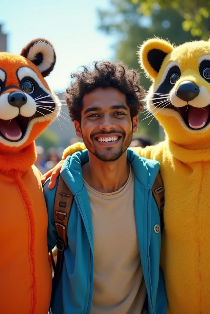 An Indian male college student smiling happily between a person wearing a raccoon costume and a person wearing a peanut costume