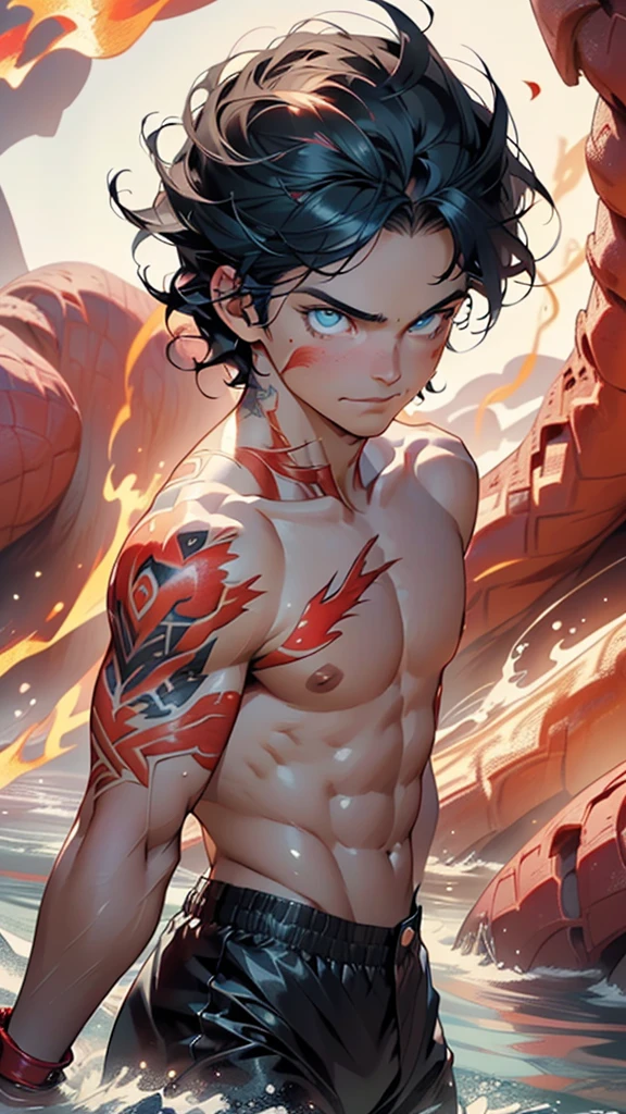 flame man,man:1.5,1 man,bounty hunter man,(((1man))),((man)),
(((1male,man:1.5,handsome man,male,male gender:1.5,male focus))),macho man,
((medium black hair,disheveled hair,blue hair,black hair,two-tone hair)),(((lustrous skin:1.5,tanned skin,bright skin: 1.5,skin tanned,shiny skin,very shiny skin,shiny body,illuminated skin))),(((blue_eyes:1.2))),intricate eyes,beautiful detailed eyes,symmetrical eyes,man chest,handsome face,((muscular,hairy body,muscular man)),(((detailed face))),
alluring look,nsfw,
bounty hunter pants,((bulge in pants)),((bounty hunter outfit)),(wearing a bounty hunter outfit:1.3,bounty hunter clothes),(((fire body, liquid lava, boy,with lava body, prismatic fire, lava details, liquid lava covering her body, sun goddess, fire, tattoos, (powerful aura), Flame elements, Incarnation of the Flame, Humanoid Flame, the body is on fire (flames in the body: 1.4)))),
(dynamic pose:1.0),solo focus,((evil smile,evil look)),(centered,scale to fit dimensions,Rule of thirds),
((red and white background of a waterfall, red lava rivers, bright red lava flows, bloody river in hell, narrow red lava rivers, red fluid, bottom of a lava river, bright red veins, turbulent blood lake, flowing lava, rivers of lava, streams of bright hot lava, rivers of blood)),scenery:1.25,((intricate scenery)),
(Glossy fire ornaments),highres,sharp focus,(ultra detailed,extremely detailed),(photorealistic artwork:1.37),(extremely detailed CG unity 8k wallpaper),(((vibrant colors,vibrant theme))),(intricate),(masterpiece),(best quality),artistic photography,(photography taken by sldr),(intricate background),perfect rendered face,perfect face details,realistic face,photo realistic,((intricate detail)),(((realism))),