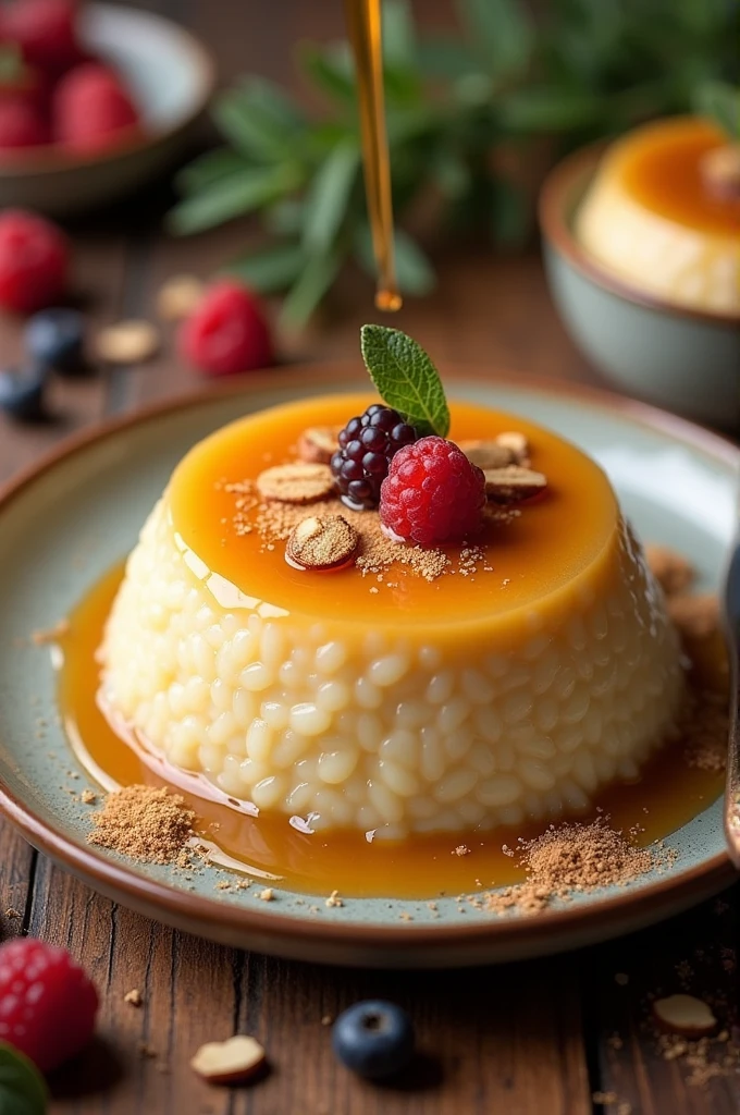 Create an image of rice pudding and manjar to promote to sell 