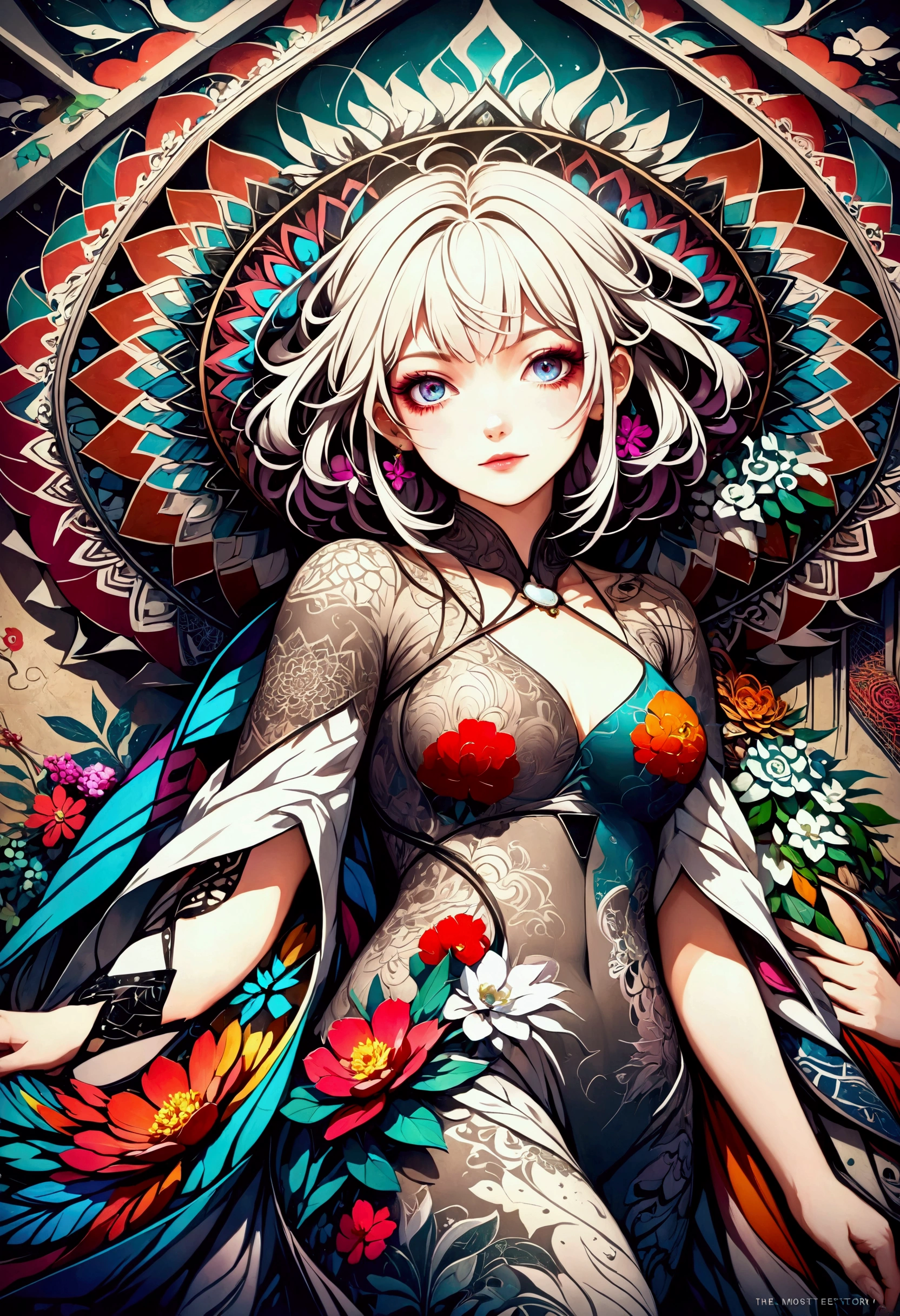 Realistic,High resolution, Highest quality,Official Art, colorful, Very detailed, Official Art, unity 8k wallpaper, Very detailed, beautiful and aesthetic, beautiful, masterpiece, Highest quality, (zenTangle, Mandala, Tangle, enTangle), (Flower Ecstasy:1.2) Dynamic Angle, Cowboy Shot, the most beautiful form of chaos, elegant, Brutalist Design, Vibrant colors, Romanticism, Atmospheric Information