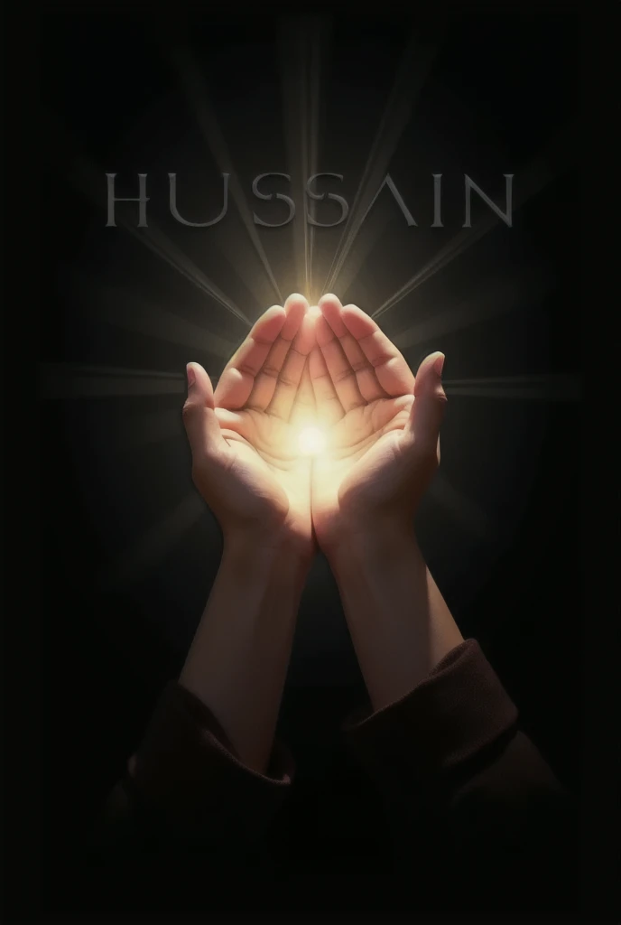 Make hands  like who want dua but hands Closed like a dome and inside the hands brightness like rayss and write in side the hands "A hand lefted to Allah not let down"
👇" a hand lefted to Allah not let down.
Make the background black in write  above the rays HUSSAIN. Rays  slowly reflect from the HUSSAIN 
