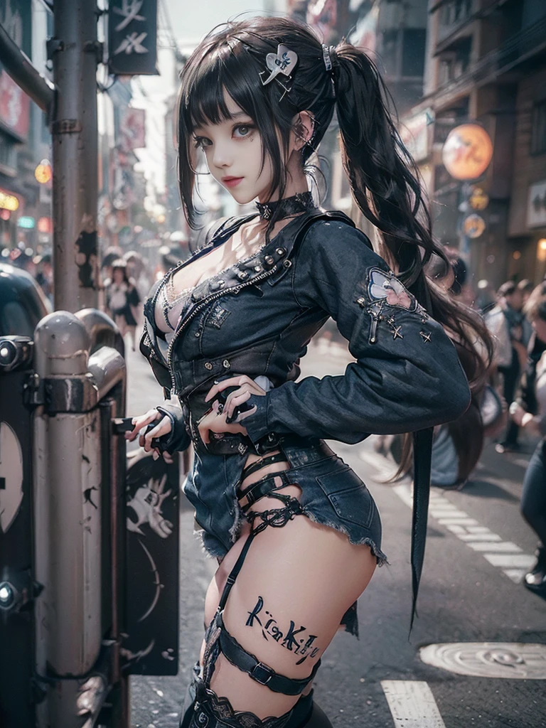 (Full Body View:1.3)、(Side view:1.1)、(Smiling with teeth showing:1.3),(Shibuya Gal:1.5)、(Beautiful:1.4)、(gothic loli fashion:1.5)、(Punk RockVisual Kei:1.3)、(Futuristic baby doll in black, white and denim:1.5)、(A delicate jacket in denim, beige and navy:1.5)、(Denim garter belt:1.5)、(Denim and black and white bodysuit:1.4)、(Heart-shaped silver accessories:1.5)、(Brown Skin Belt:1.4)、(Blue High Heels:1.4)、(Lace patterned underwear:1.4)、20-year-old、NSFW,((Highest quality、In 8K、masterpiece:1.3))、Sharp focus:1.2、(Layered Cut、Beautiful boobs:1.1),Beautiful woman with perfect figure:1.4、(Doing an aerobics pose:1.3)、Slender Abs:1.2、Butt、Highly detailed face and skin texture、Detailed eyes、double eyelid,(Twin tails:1.3)、(Black brown hair:1.3)、Obscene、Gravure idol、(Luxurious amusement park at night:1.3)、(Make your legs thinner:1.4)、(Thin thighs:1.4)、(Slim Body:1.3)、(clavicle:1.1)