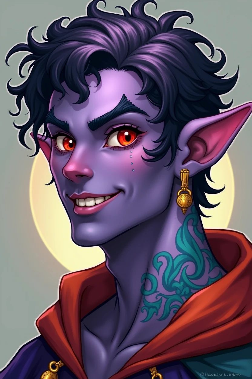Beautiful Dnd tiefling with purple skin. He has short, curly, dark purple hair. His eyes are red and he has a smile on his face. He is wearing a colorful cape and has golden earrings. His neck is covered in blue and green tattoos.