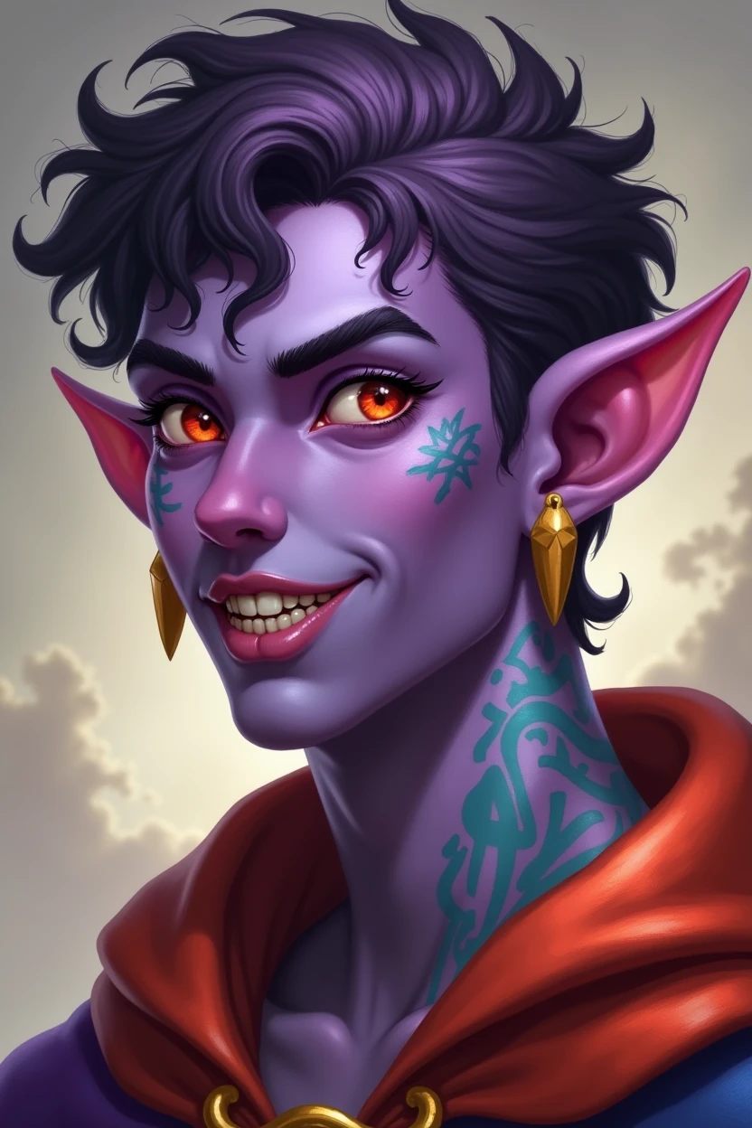 Beautiful Dnd tiefling with purple skin. He has short, curly, dark purple hair. His eyes are red and he has a smile on his face. He is wearing a colorful cape and has golden earrings. His neck is covered in blue and green tattoos.