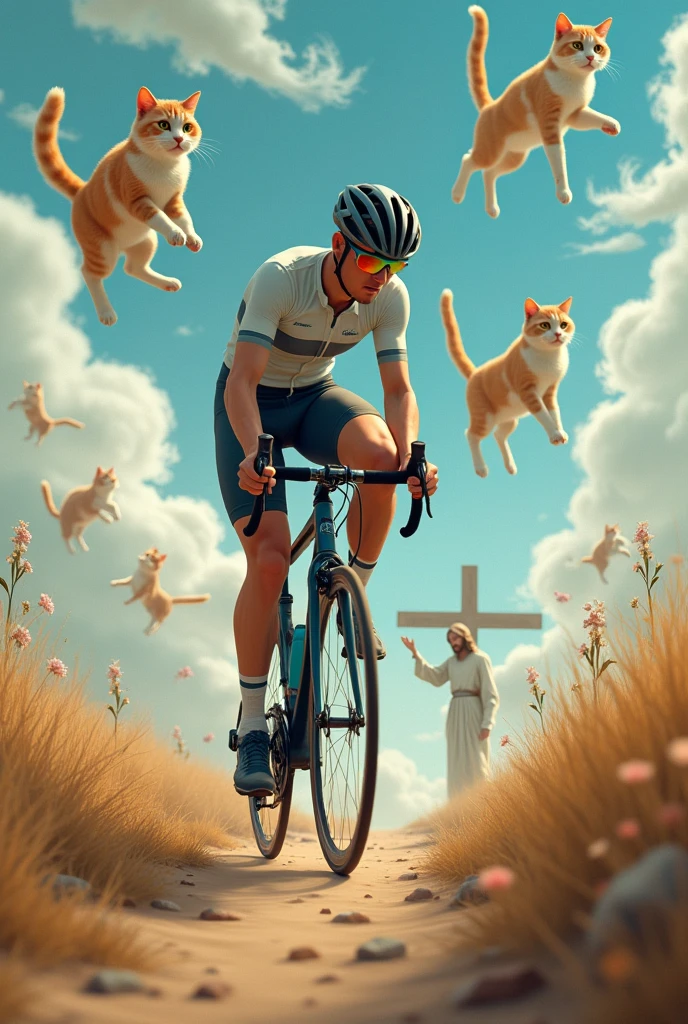 Make a cyclist on a bike with cats in the sky with Jesus