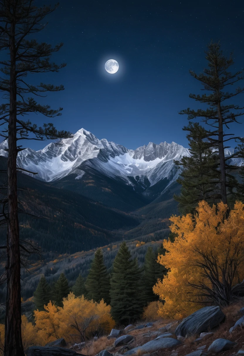 Generate a highly detailed, photorealistic image of a moonlit night in the Rocky Mountains during autumn. The image should feature the mountains and trees illuminated by the soft, silvery light of the full moon. The sky should be filled with a deep shade of indigo and a sprinkle of stars. The mountains should be depicted in a state of partial shadow, with the moonlight casting a gentle glow on the peaks and ridges. The trees should be shown in a state of transition, with some leaves still clinging to the branches and others scattered on the ground. The atmosphere should be crisp and cool, with a hint of wood smoke and damp earth. The overall mood of the image should be one of serenity and tranquility, capturing the peacefulness of a moonlit night in the mountains.