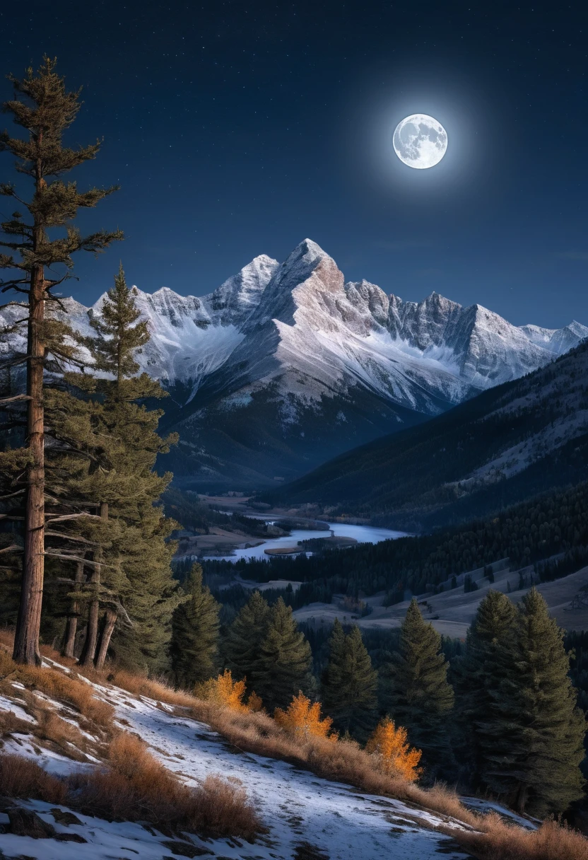 Generate a highly detailed, photorealistic image of a moonlit night in the Rocky Mountains during autumn. The image should feature the mountains and trees illuminated by the soft, silvery light of the full moon. The sky should be filled with a deep shade of indigo and a sprinkle of stars. The mountains should be depicted in a state of partial shadow, with the moonlight casting a gentle glow on the peaks and ridges. The trees should be shown in a state of transition, with some leaves still clinging to the branches and others scattered on the ground. The atmosphere should be crisp and cool, with a hint of wood smoke and damp earth. The overall mood of the image should be one of serenity and tranquility, capturing the peacefulness of a moonlit night in the mountains.