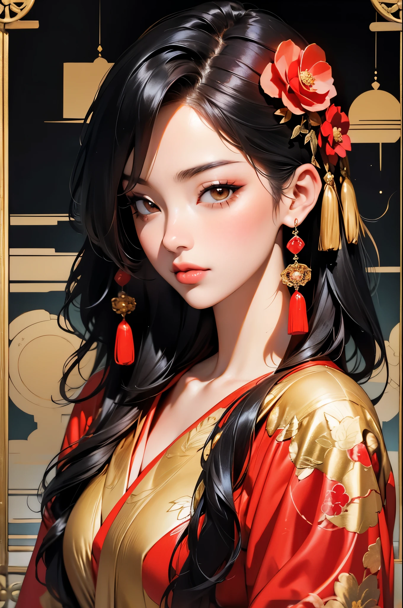 black widow in a golden red kimono dress with a gold halo, japanese goddess, chie yoshii, elegant japanese woman, portrait of a beautiful geisha, intricate geisha kimono, japanese art style