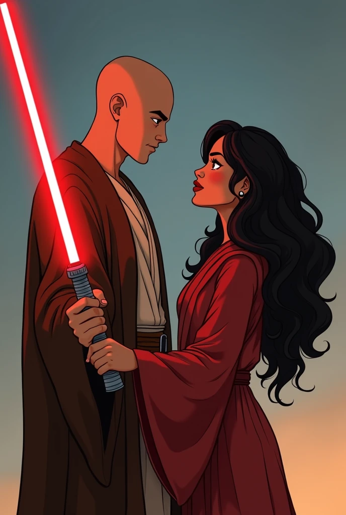 couple of man and woman where the man is dressed as a jedi with a red lightsaber in his hand, he is bald with light brown skin and the woman has brown skin, black curly hair and dressed in Gryffindor clothes. They're looking at each other. style cartoon. Star Wars scenario