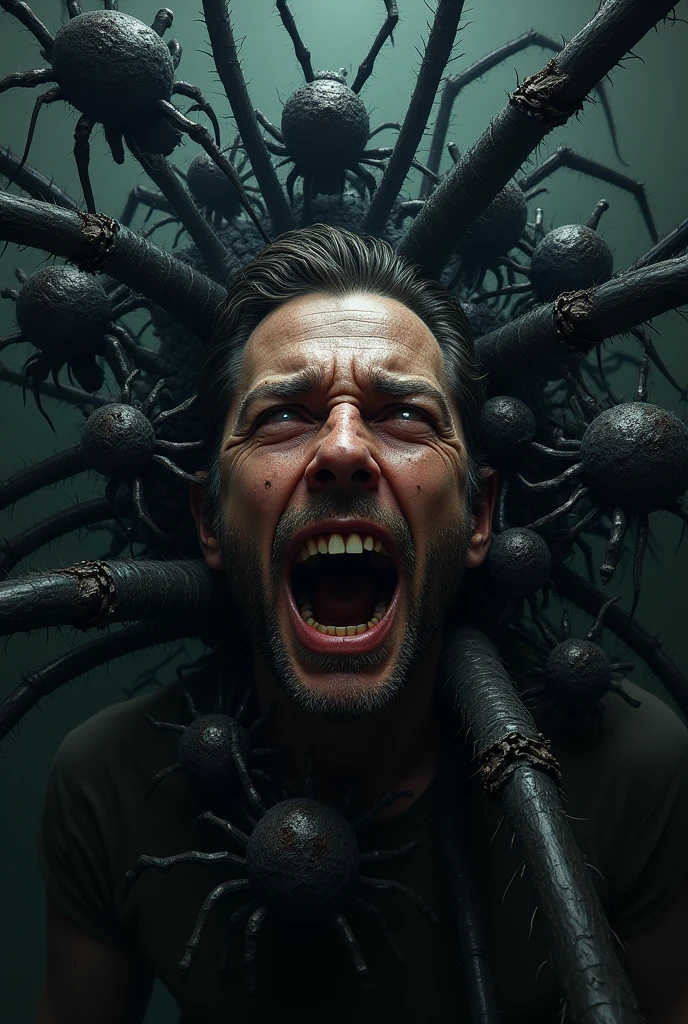 Spiders many spiders,man screaming terrified covered by spiders with expression, scary, dark background direct light good deed arachnids danger arachnophobia, good colors,eight legs .