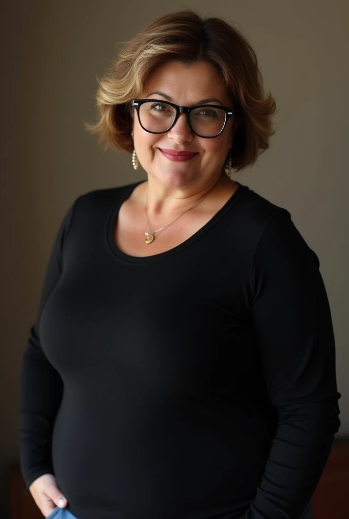 46 year old busty woman wearing jeans with big hips and big breasts with white button down dress shirt and nice cleavage close up and short brunette hair and glasses